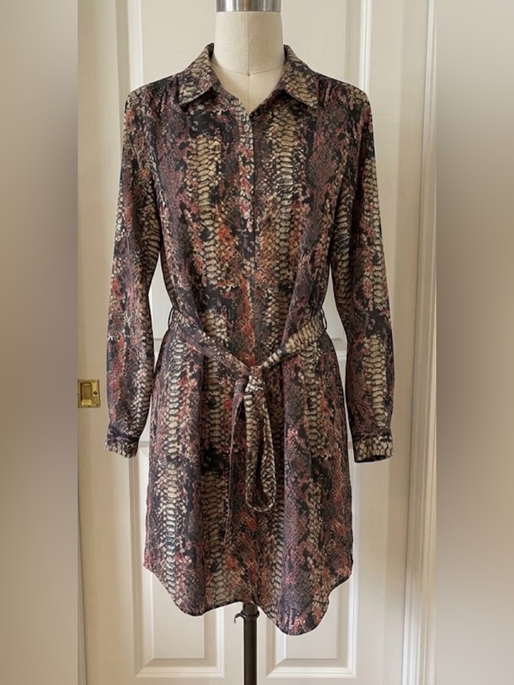 Minnie Rose 100% Silk Snake-Print Shirt Dress with Tie Waist S